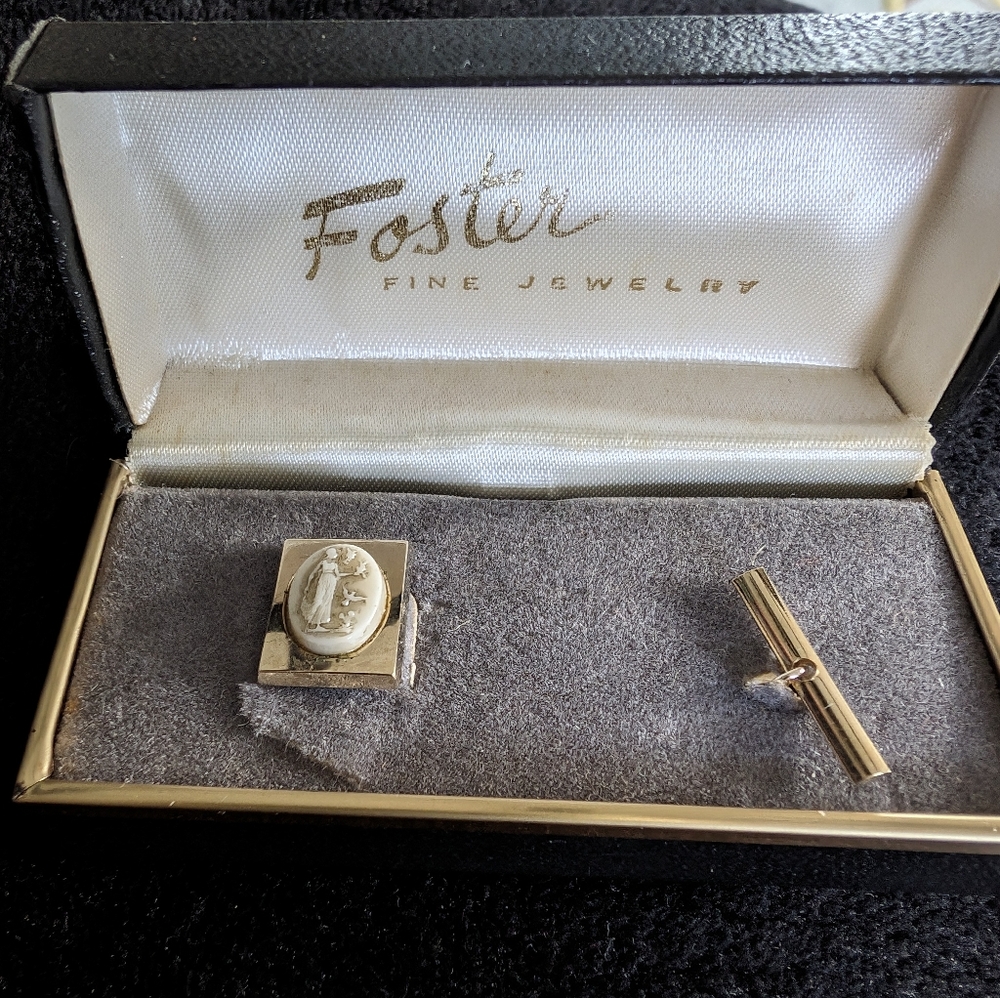 Milk Glass Cameo Goldtone Tie Lapel pin